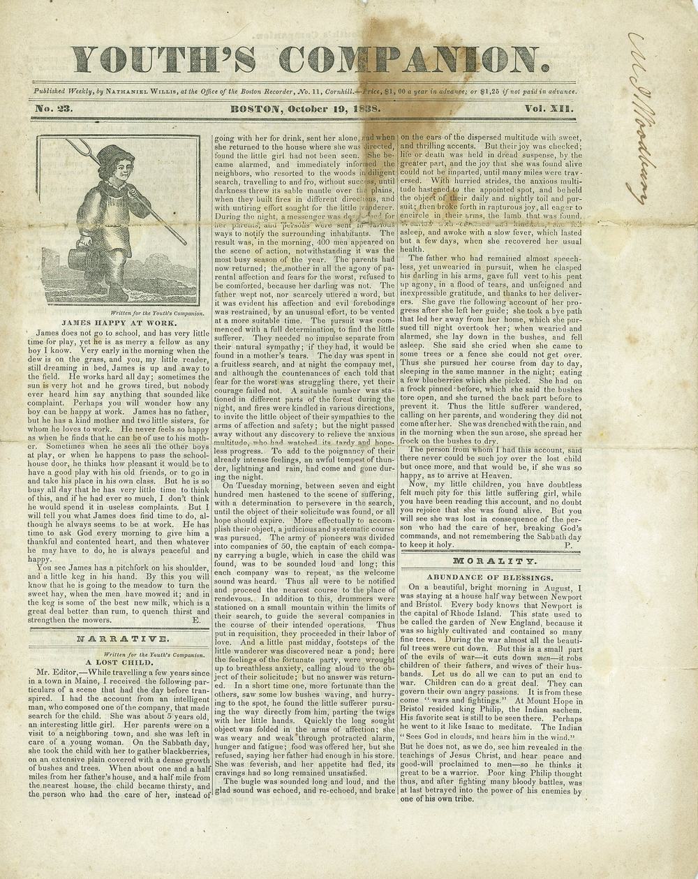 The Youth's Companion - October 19th, 1838 - Vol. 12 - No. 23